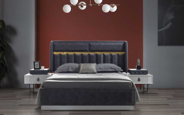 Gray-White Bedroom Furniture Textile Bed Bedside tables Luxury Cabinets new