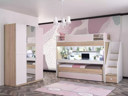 Bunk bed Bed with 3 sleeping places Multifunction bed Wood Pink Luxury Loft bed