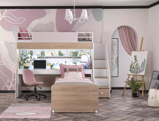 Bunk bed Bed with 3 sleeping places Multifunction bed Wood Pink Luxury Loft bed