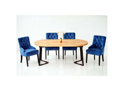 Round Wood Dining table Designer Blue e x4 Chesterfield Dining room Chairs 5-piece set.