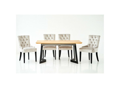 Brown Wooden Dining Table Metal Frame Designer x6 Chesterfield Chairs Luxurious 7pcs. set