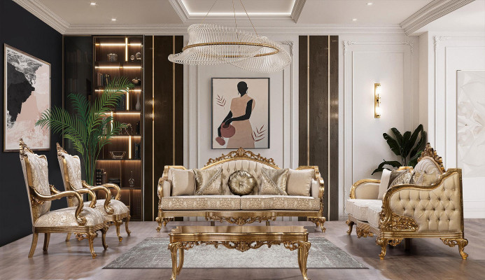 Golden Couch Classic Sofa set Upholstery Furniture 3+1 Coffee table Fabric