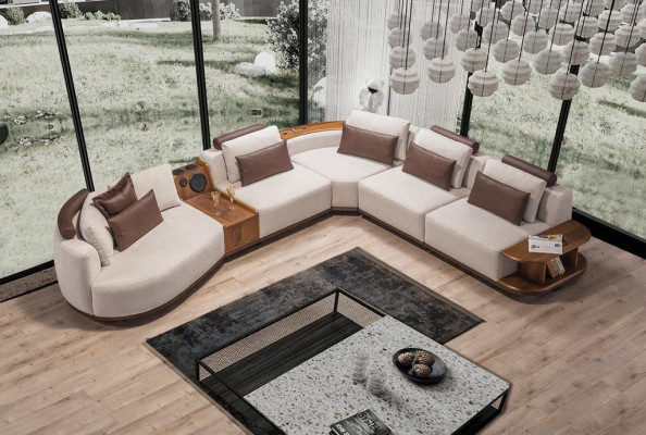 Beige living room corner sofa exclusive L-shape couch modern wooden frame