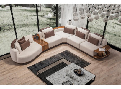 Beige living room corner sofa exclusive L-shape couch modern wooden frame