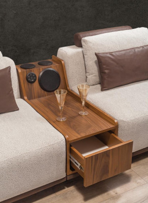 Beige living room corner sofa exclusive L-shape couch modern wooden frame