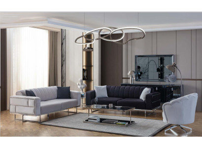 Gray Living room Couches Designer Upholstery Three Seater Textile Armchair 3pcs