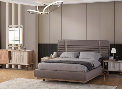 Elegant bedroom set Upholstered bed Bedside tables Dressing table Mirror