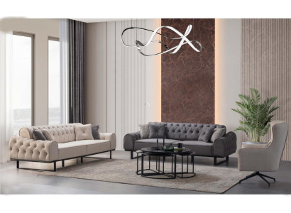 White & Gray Chesterfield Couch Set Designer Upholstery Armchair 3-Piece Set