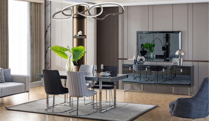 Modern Dining room Furniture Wooden dining table 4x textile chairs Sideboard Mirror