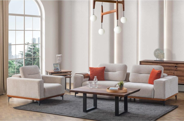 White Upholstery Sofa set Three Seater Armchair Coffee table Side tables