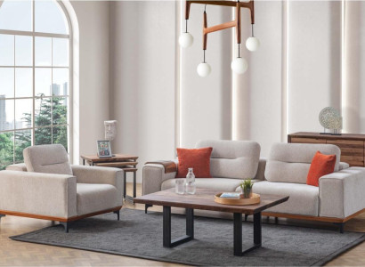 White Upholstery Sofa set Three Seater Armchair Coffee table Side tables