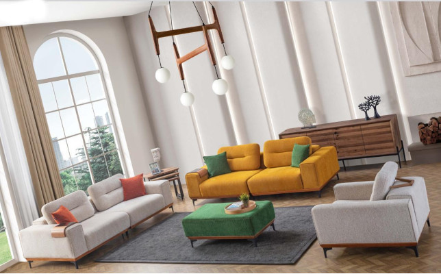 Large living room set with 3 textile sofas, upholstered stools and 3x side tables