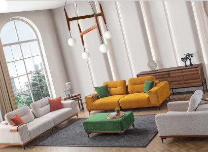Large living room set with 3 textile sofas, upholstered stools and 3x side tables