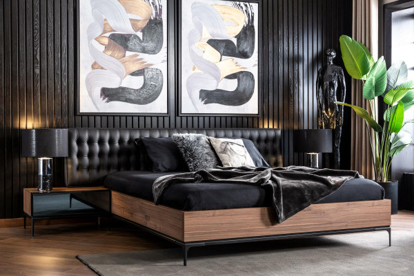 Elegant bedroom set: Double bed and 2 bedside tables in black and brown colour