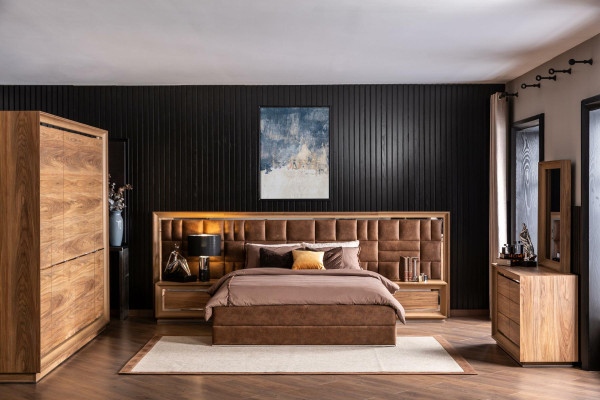 Bedroom Set Bed + Bedside tables Luxury Double Brown Hotel Beds Beds