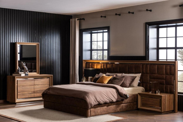 Bedroom Set Bed + Bedside tables Luxury Double Brown Hotel Beds Beds