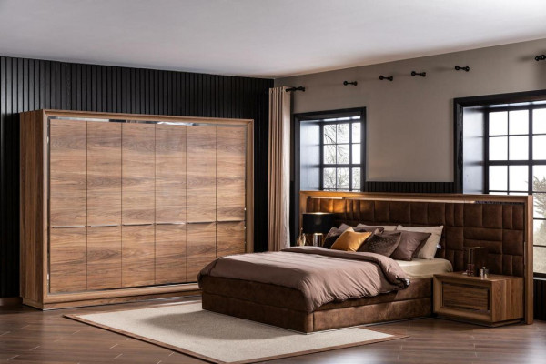 Bedroom Set Bed + Bedside tables Luxury Double Brown Hotel Beds Beds