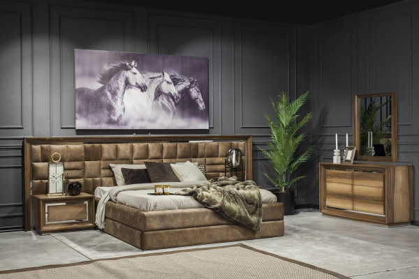 Luxurious bedroom set with bed, bedside tables and chest of drawers