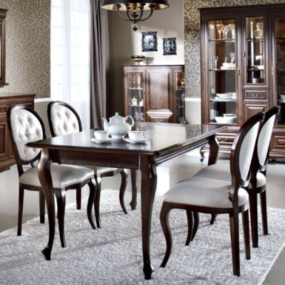 Dark Brown Wood Dining table Classic Leather Chesterfield Chairs Designer 5pcs. set