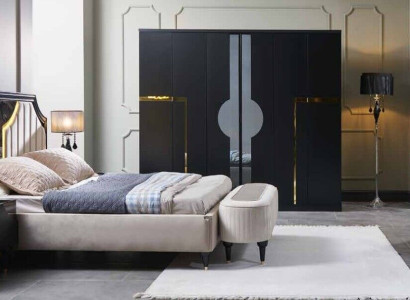 Bedroom Bed Bedside table Wardrobe Chest of drawers Mirror Stool Black 7pcs