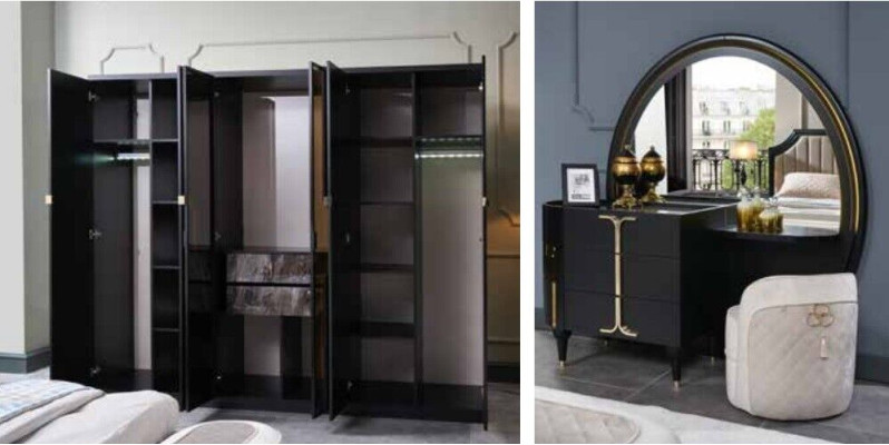 Bedroom Bed Bedside table Wardrobe Chest of drawers Mirror Stool Black 7pcs
