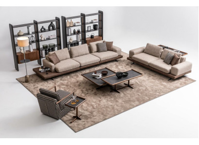 Brown Textile Sofa Set Living room Couche Three Seater Luxury Wooden Furniture