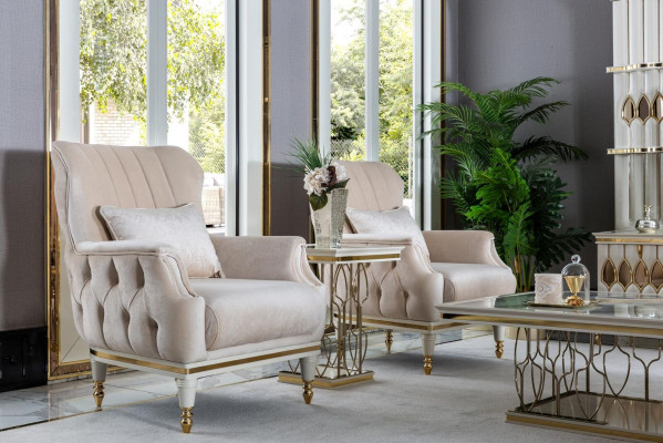 Armchair Chesterfield Furniture Table Set 2x Single Seater Set Couch Sofa 3pcs.