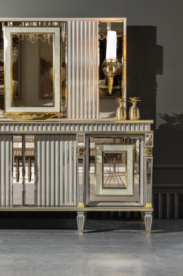 Dining room set white sideboard mirror elegant design metal luxury new 2 pieces.
