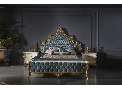 Classic s Chesterfield Bed Bedroom Set Blue 2x Bedside tables Gold 3-piece.