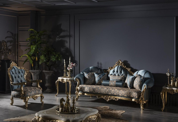 Living room Set Blue Sofa set Armchair 2x Side table Coffee table 5pcs.