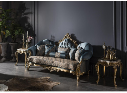Living room Set Blue Sofa 3 Seater Elegant 2x Side table Design new 3-piece.