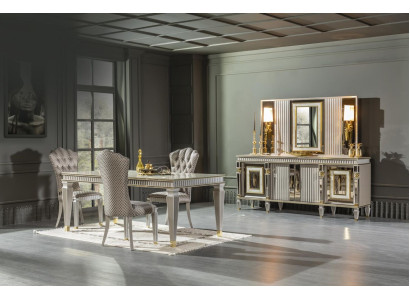 Dining room set gray 4x chairs dining table sideboard mirror elegant design 7 pieces.