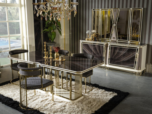 Dining room Set Gold 4x Chairs Dining table Chest of drawers Mirror Design 7pcs.