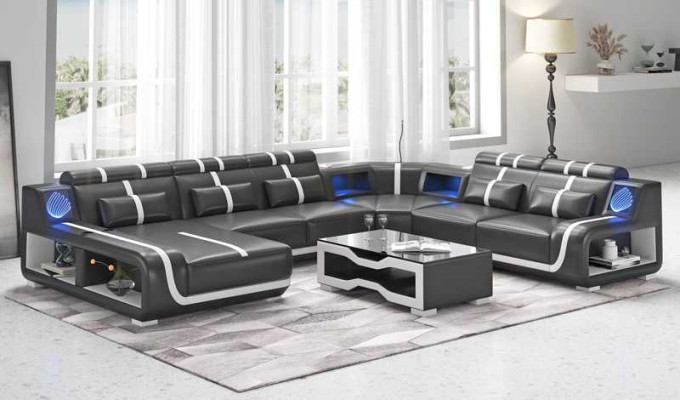 Living landscape XXL Sofa U-shape Big Corner sofa Leather sofa Black Sofas