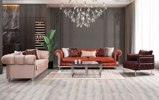 Chesterfield sofa set three-seater brown couch set upholstered sofa
