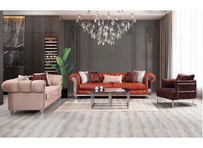 Chesterfield sofa set three-seater brown couch set upholstered sofa