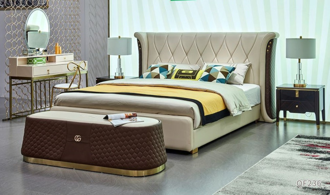 Set Bedroom Luxury Leather Beds Bed 2x Bedside tables Stool Double bed