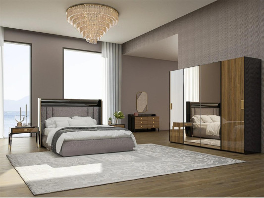 Luxury Set 6pcs Double Bed Bedroom Chest of drawers with Mirror 2x Bedside tables