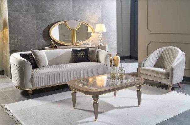 Sofa set Couch Sofa Upholstery 3 + 1 Seater Coffee table Wood 3pcs. Luxury Furniture