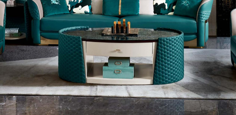 Coffee table Wood Leather Turkis Oval Modern Design Furniture Luxury Living room 140x83