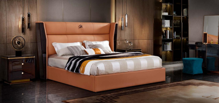 Leather Bed Bedroom Furniture Design Group 3pcs. Set of 2x bedside tables