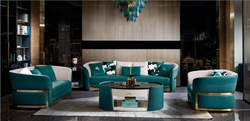 Coffee table Wood Leather Turkis Oval Modern Design Furniture Luxury Living room 140x83