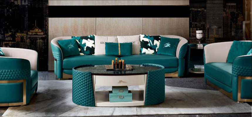 Coffee table Wood Leather Turkis Oval Modern Design Furniture Luxury Living room 140x83