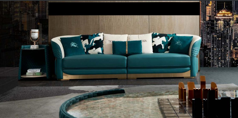 Coffee table Wood Leather Turkis Oval Modern Design Furniture Luxury Living room 140x83