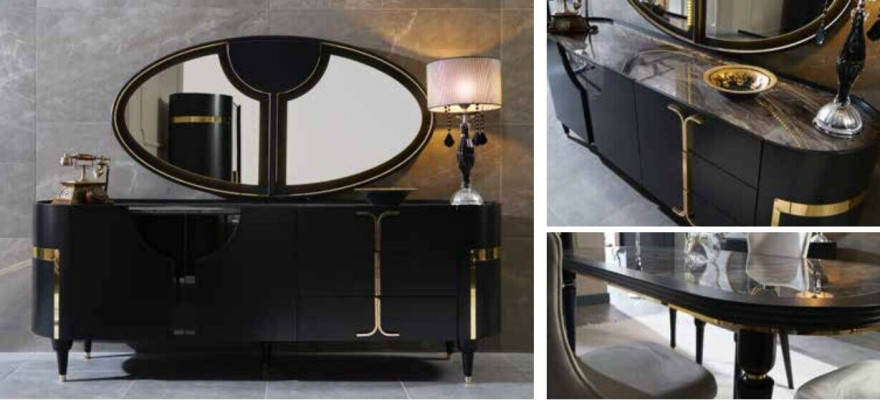 Table Set Suite Dining table 4 Chairs Luxury Style Furniture Chair Group Chest of drawers 8pcs
