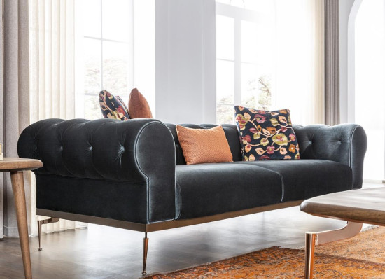Modern Chesterfield Three Seater Sofa 3 Seater Fabric Sofa Sofas Blue Fabric Couch