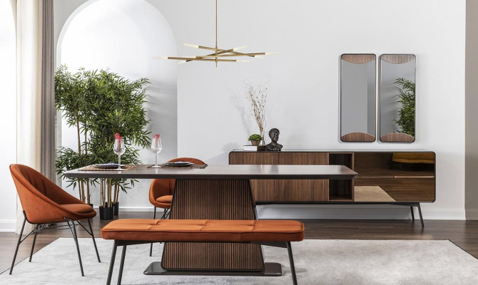 Dinette Dining set Dining room Dining table Chairs Stool 8pcs Brown Orange