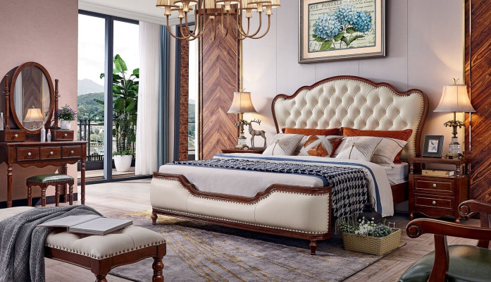 Bed 2x Bedside tables Dressing table Stool Bedroom Luxury Wood 6-piece set