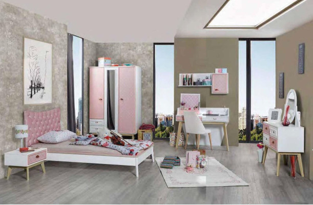 Youth Children Room Girls Modern Wardrobe Bedroom Chest of drawers Table 5pcs.