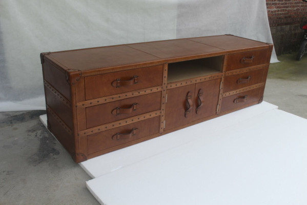Vintage Chest of drawers Sideboard Leather TV Lowboard Chest Old Look Style Suitcase Table